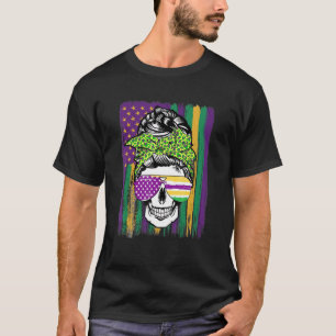 Mardi Gras Skull Messy Bun American Flag Funny Hol T-Shirt