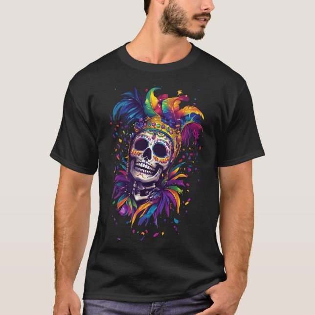 Mardi Gras Skull Skeleton  T-Shirt (Front)