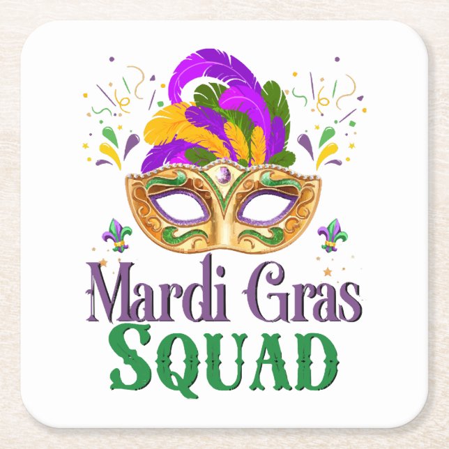 Mardi Gras Squad Square Paper Coaster (Front)