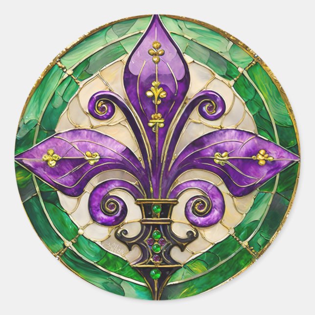 Mardi Gras Stained Glass Fleur de lis  Classic Round Sticker (Front)