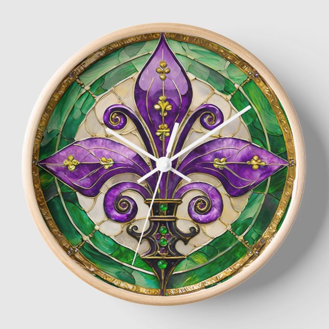 Mardi Gras Stained Glass Fleur de lis  Clock (Front)