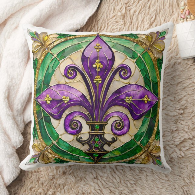 Mardi Gras Stained Glass Fleur de lis  Cushion (Blanket)