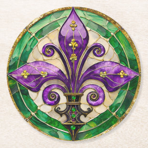 Mardi Gras Stained Glass Fleur de lis  Round Paper Coaster