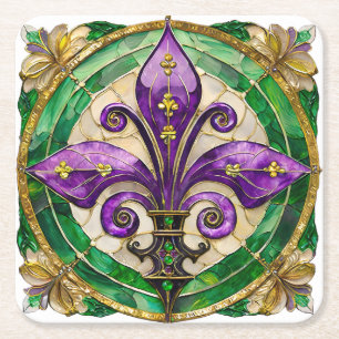 Mardi Gras Stained Glass Fleur de lis Square Paper Coaster