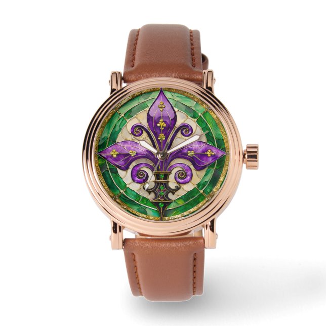 Mardi Gras Stained Glass Fleur de lis  Watch (Front)