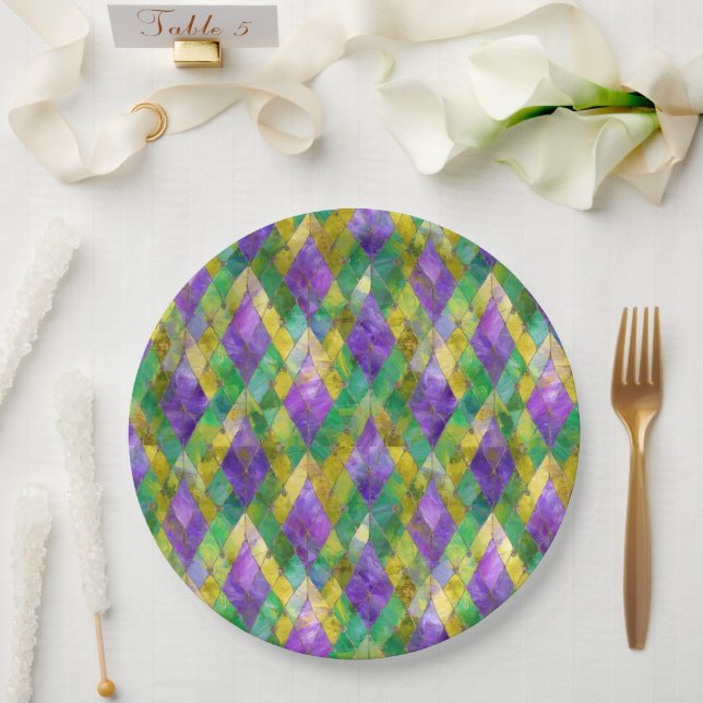 Mardi Gras Stained Glass Harlequin Print Paper Plate (Wedding)