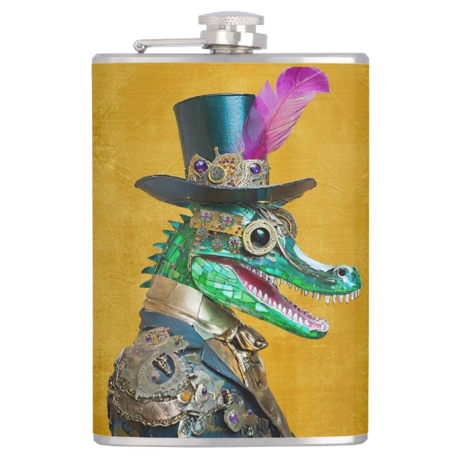 Mardi Gras Steampunk Party Animal Alligator Hip Flask (Front)