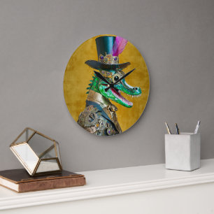 Mardi Gras Steampunk Party Animal Alligator Large Clock