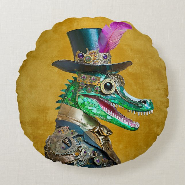 Mardi Gras Steampunk Party Animal Alligator Round Cushion (Front)