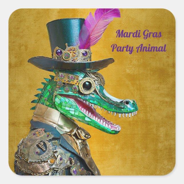 Mardi Gras Steampunk Party Animal Alligator Square Sticker (Front)