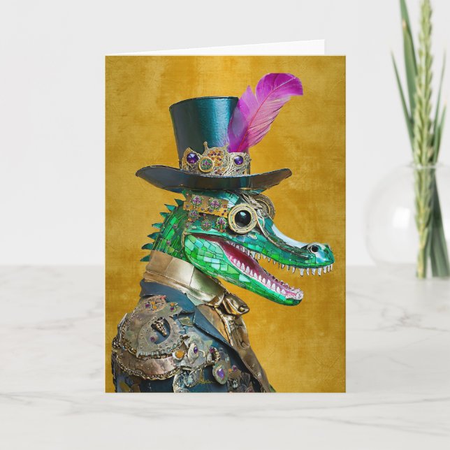 Mardi Gras Steampunk Party Animal Alligator Thank You Card (Front)