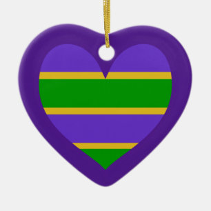 Mardi Gras Striped Purple Heart   Ceramic Ornament