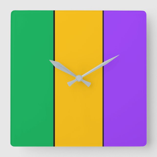 Mardi Gras Stripes Pattern Green Yellow Purple Square Wall Clock (Front)