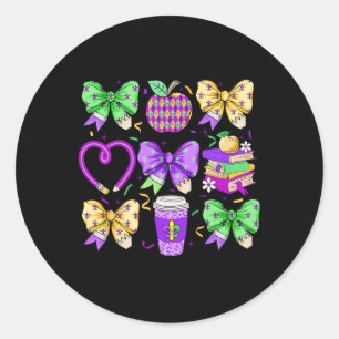 Mardi Gras Teacher Coquette Bow Pencil Apple Book  Classic Round Sticker