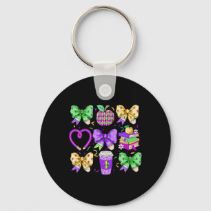 Mardi Gras Teacher Coquette Bow Pencil Apple Book  Key Ring