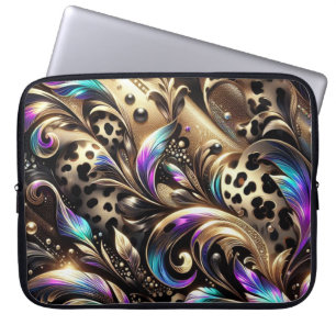 MARDI GRAS TEAL & GOLD LEOPARD PRINT PATTERNS LAPTOP SLEEVE