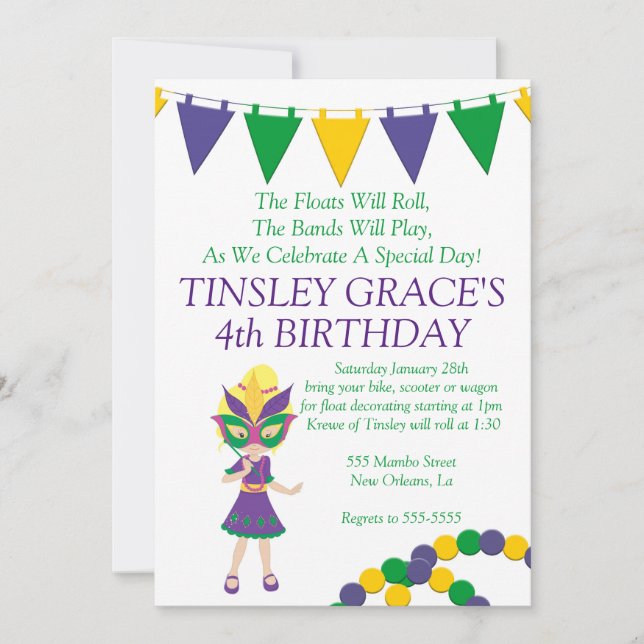 Mardi Gras Theme Birthday Invitation (Front)