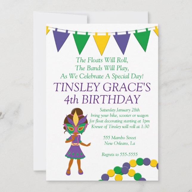 Mardi Gras Theme Birthday Invitation (Front)