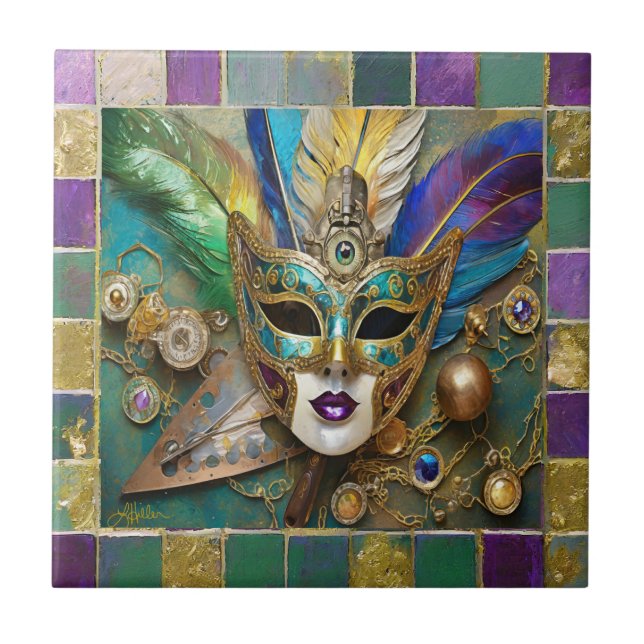 Mardi Gras Third Eye Gold Ceramic Feather Mask Ceramic Tile (Front)