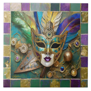 Mardi Gras Third Eye Gold Ceramic Feather Mask Ceramic Tile