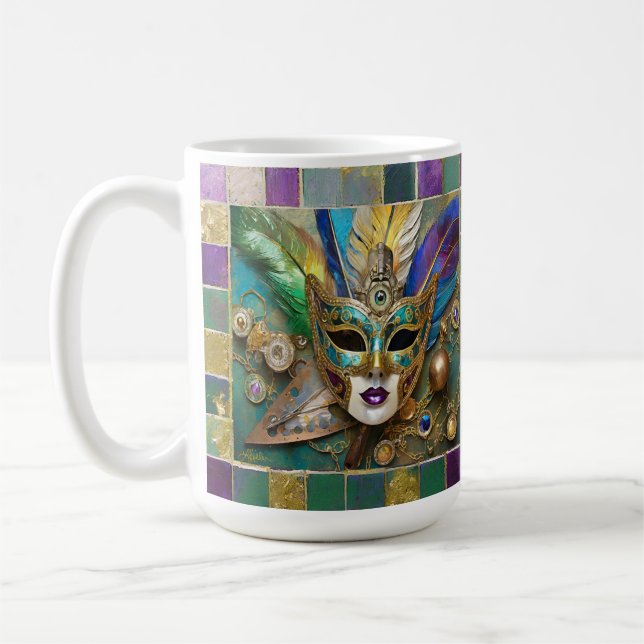 Mardi Gras Third Eye Gold Ceramic Feather Mask Coffee Mug (Left)