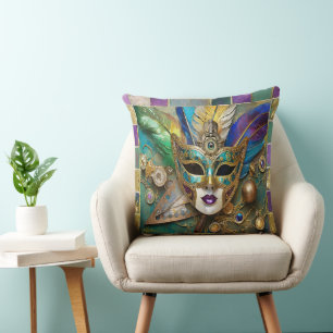 Mardi Gras Third Eye Gold Ceramic Feather Mask Cushion