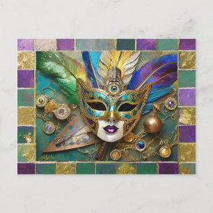 Mardi Gras Third Eye Gold Ceramic Feather Mask Holiday Postcard