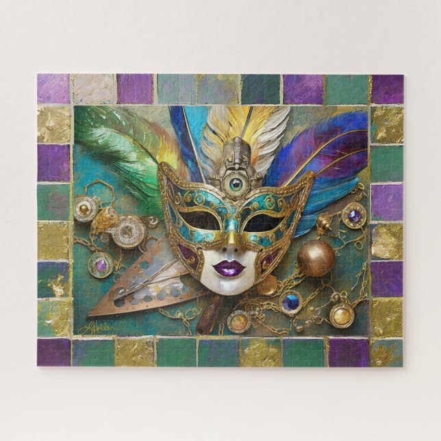 Mardi Gras Third Eye Gold Ceramic Feather Mask Jigsaw Puzzle (Horizontal)
