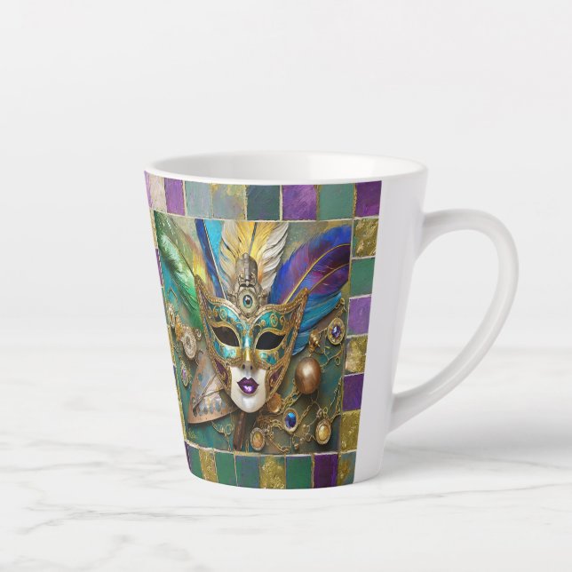 Mardi Gras Third Eye Gold Ceramic Feather Mask Latte Mug (Right)