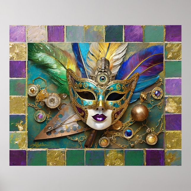 Mardi Gras Third Eye Gold Ceramic Feather Mask Poster (Front)