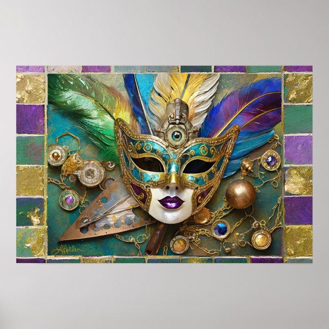 Mardi Gras Third Eye Gold Ceramic Feather Mask Poster (Front)