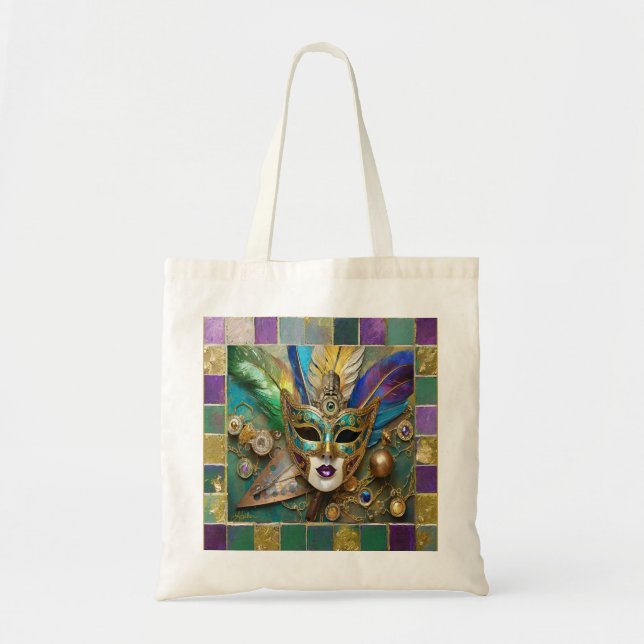 Mardi Gras Third Eye Gold Ceramic Feather Mask Tote Bag (Front)