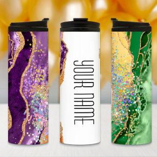 Mardi Gras Tumbler, Mardi Gras Purple Green Agate Thermal Tumbler