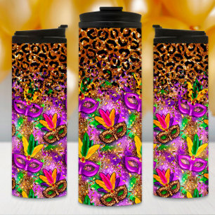 Mardi Gras Tumbler, Masks and Leopard Print Thermal Tumbler