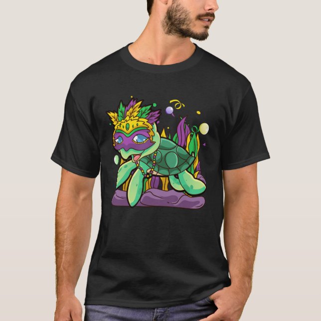 Mardi Gras Turtle with beads & mask T-Shirt (Front)