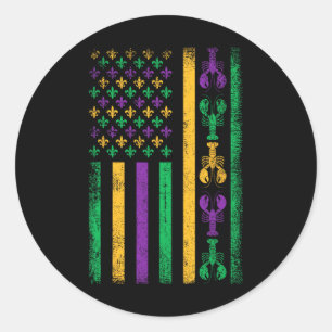 Mardi Gras Us American Flag With Crawfish New Orle Classic Round Sticker