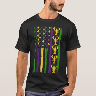 Mardi Gras Usa American Flag With Crawfish And Fle T-Shirt