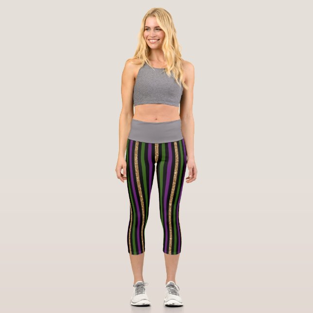 Mardi Gras Vertical Lines Golden Glitter NOLA Capri Leggings (Front)