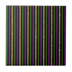 Mardi Gras Vertical Lines Golden Glitter NOLA Ceramic Tile