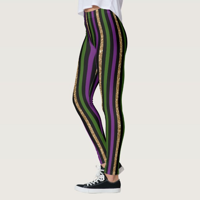 Mardi Gras Vertical Lines Golden Glitter NOLA Leggings (Left)