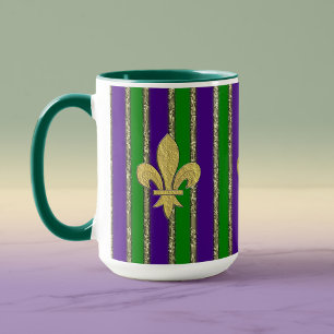 Mardi Gras Vertical Stripes & Fleur de Lys Mug