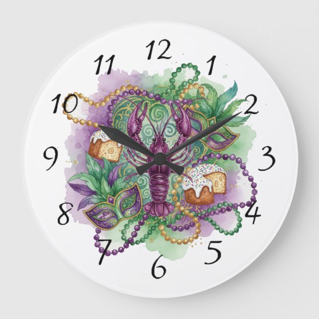 Mardi Gras Watercolor Celebration  Large Clock (Front)
