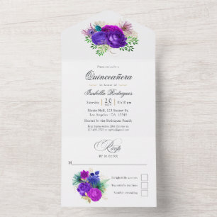 Mardi Gras Watercolor Floral Quinceañera All In One Invitation