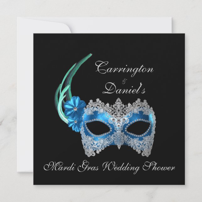 "Mardi Gras Wedding Shower" - Turquoise Mask w/ La Invitation (Front)