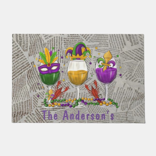 Mardi Gras Wine Glasses and Crawfish Custom Doormat (Front)