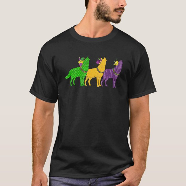 Mardi Gras Wolf Beads Festival Animals Jester Hat T-Shirt (Front)