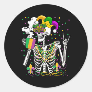Mardi Gras X-ray Skeleton Drinking Coffee Cute Hea Classic Round Sticker