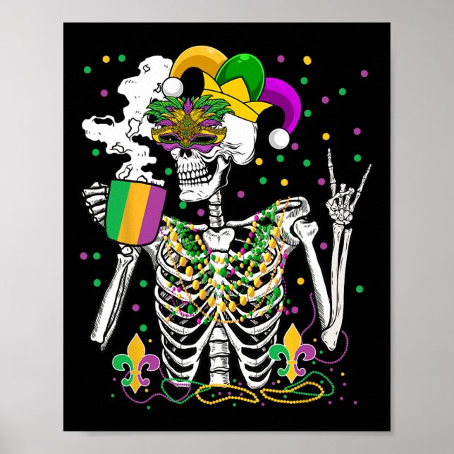 Mardi Gras X-ray Skeleton Drinking Coffee Cute Hea Poster (Front)