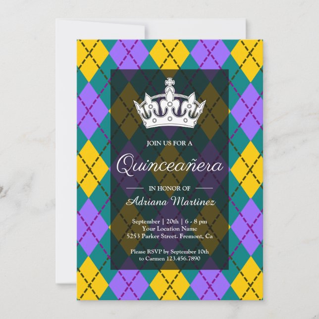 Mardi Gras Yellow Purple Argyle Crown Quinceanera Invitation (Front)