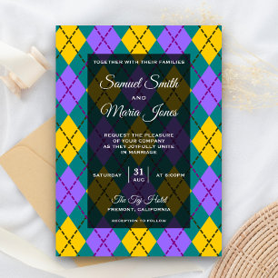 Mardi Gras Yellow Purple Argyle Wedding Invitation